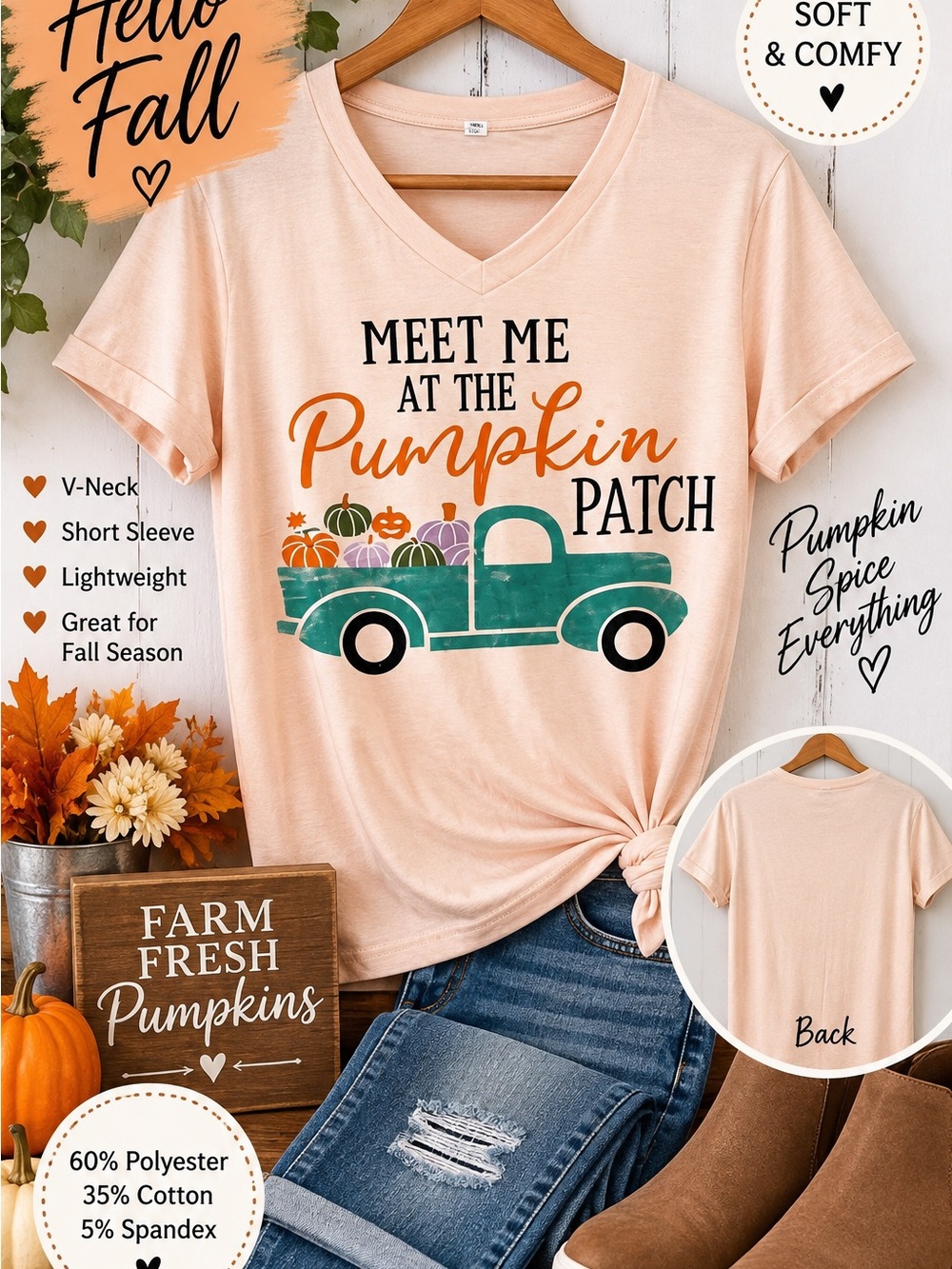 Meet Me at the Pumpkin Patch V-Neck Tee - Peach